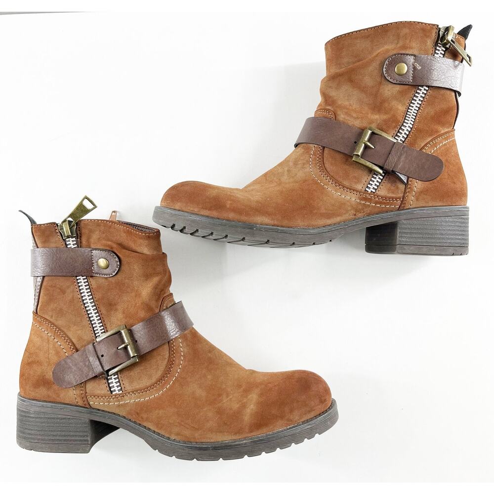 Stylish Tan Ankle Boots with Zipper and Buckle